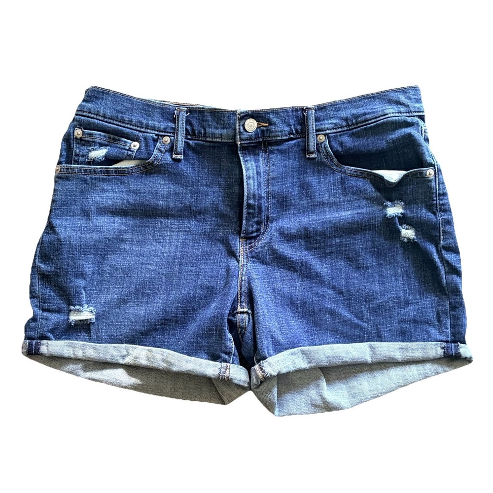 Levi's Shorts Womens Size 32 Dark Wash Blue Denim Mid Length Roll Up Distressed